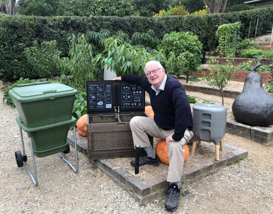 Cr Jim Mason OAM at the composting site in Geelong Botanic Gardens Cr Jim Mason OAM at the composting site in Geelong Botanic Gardens