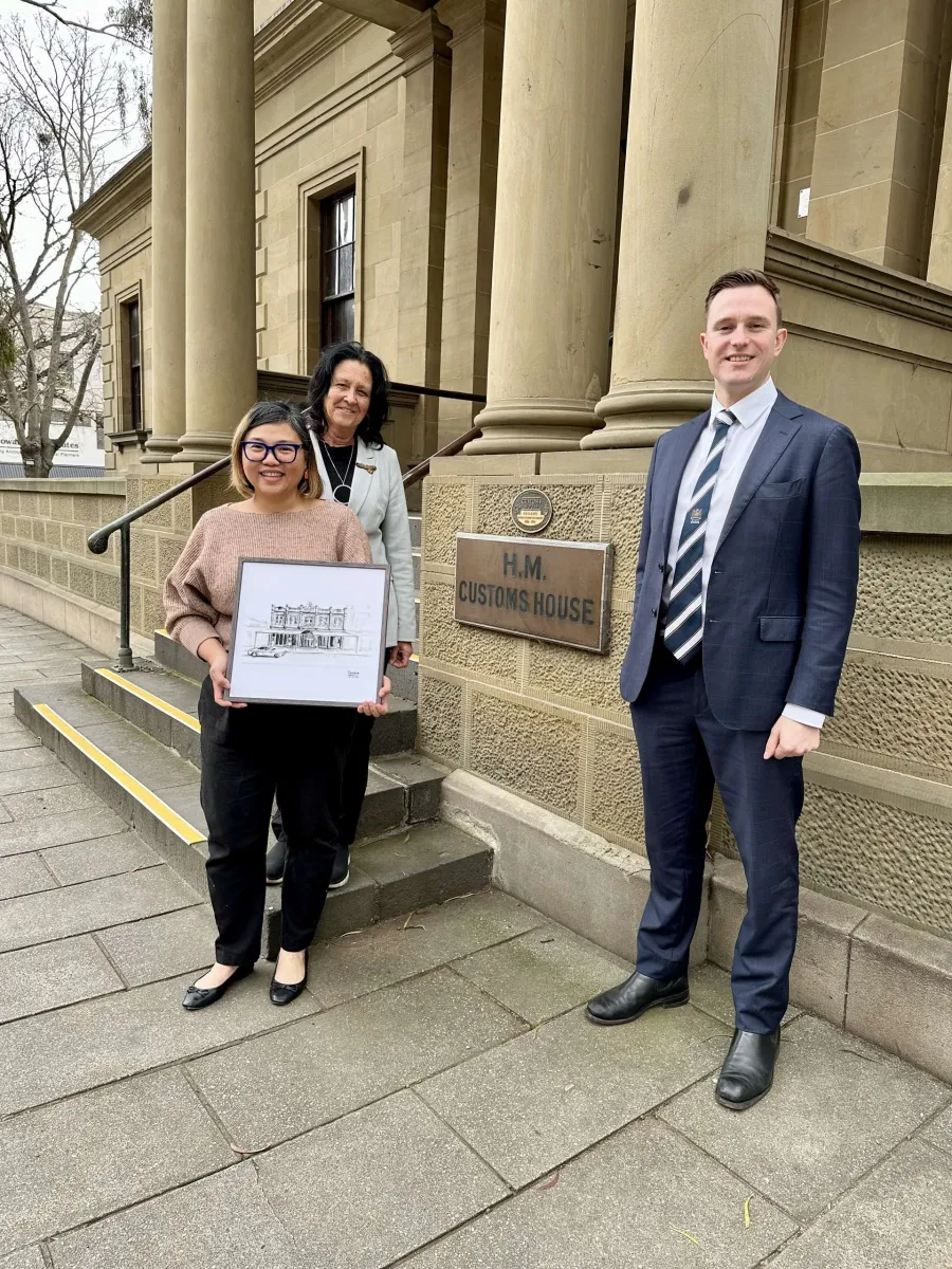 Geelong-based artist Cecilia Cabalquinto, Member for Geelong Christine Couzens and Greater Geelong Mayor Trent Sullivan outside Geelong Customs House Geelong-based artist Cecilia Cabalquinto, Member for Geelong Christine Couzens and Greater Geelong Mayor Trent Sullivan outside Geelong Customs House