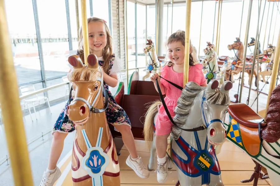 638682260750237933_570x400.jpg Parka, six, and Sophie, four, enjoy a ride at popular City of Greater Geelong tourist attraction The Carousel.