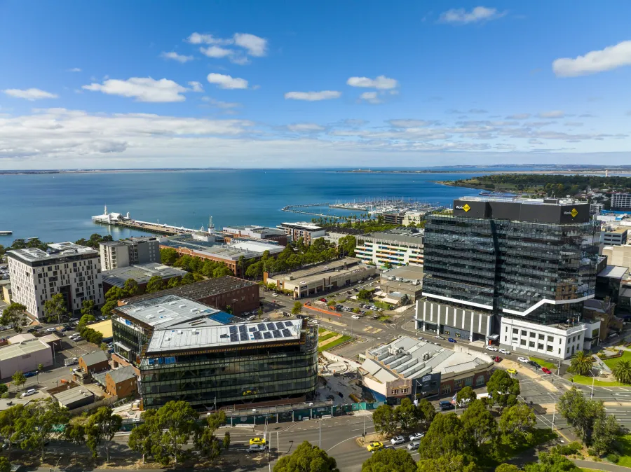 Geelong Waterfront CBD Aerial view of Wurriki Nyal looking north to Corio Bay.