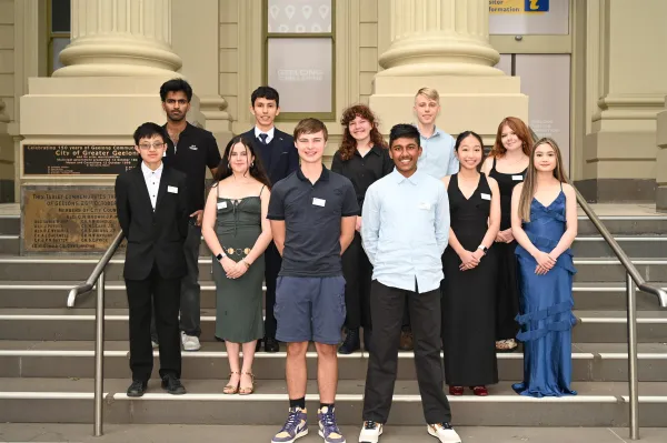 2026 Geelong Youth Council Group photo of the 11 2026 Geelong Youth Council members in front of City Hall