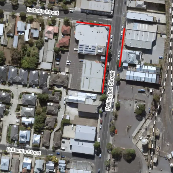 Section 1 - Between Isabella Street and Britannia Street (including existing brick paving at Isabella Street) Image showing the section of footpath to be replaced between Isabella Street and Britannia Street (including existing brick paving at Isabella Street)