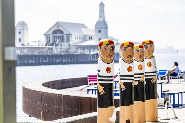 Geelong Bath Swimmers - Bollards by artist Jan Mitchell Four brightly painted bollards on the Geelong Waterfront