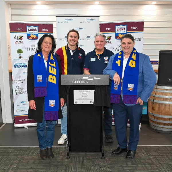 Member for Geelong Christine Couzens MP, East Belmont Cricket Club President Tom Scannell, Belmont Lions SC Co-Vice President Tyrell Hill, and Cr Andrew Katos Member for Geelong Christine Couzens MP, East Belmont Cricket Club President Tom Scannell, Belmont Lions SC Co-Vice President Tyrell Hill, and Cr Andrew Katos