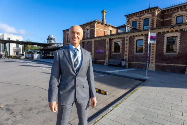 Mayor Stretch Kontelj at Geelong Railway Station Mayor Stretch Kontelj standing in front of Geelong Railway Station