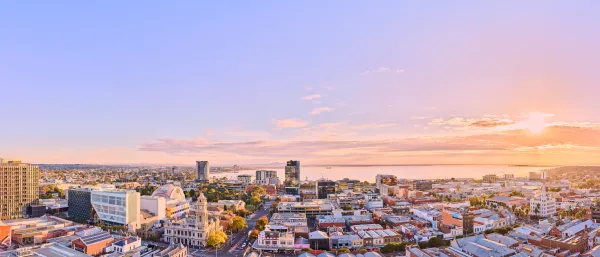 Central Geelong skyline looking north towards Corio Bay Aerial view of central Geelong looking across rooftops and skyline towards Corio Bay