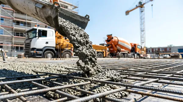 Civil infrastructure Fresh concrete being poured onto a steel reinforcement grid at a construction site, with concrete trucks, scaffolding and a tower crane visible in the background.