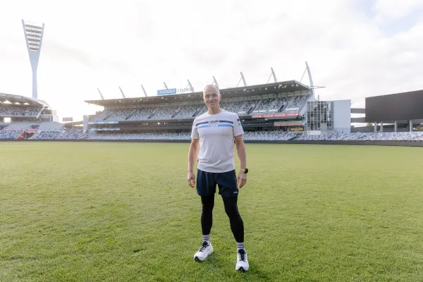 Cr Eddy Kontelj at Kardinia Park, one of the icons of the Geelong Running Festival course Cr Eddy Kontelj at Kardinia Park