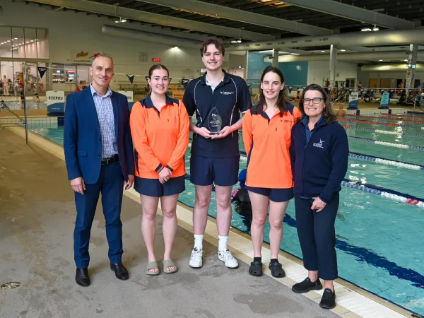 L-R: Deputy Mayor Eddy Kontelj, Miette Thomson (Learn to Swim Instructor), Hamilton West (Learn to Swim Team Leader), Aleisha Pearson (Learn to Swim Instructor) and Maureen Corbeil (Learn to Swim Coordinator) L-R: Deputy Mayor Eddy Kontelj, Miette Thomson (Learn to Swim Instructor), Hamilton West (Learn to Swim Team Leader), Aleisha Pearson (Learn to Swim Instructor) and Maureen Corbeil (Learn to Swim Coordinator)
