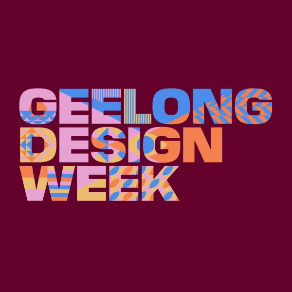 Geelong Design Week Geelong Design Week Logo in multicoloured pattern on maroon background