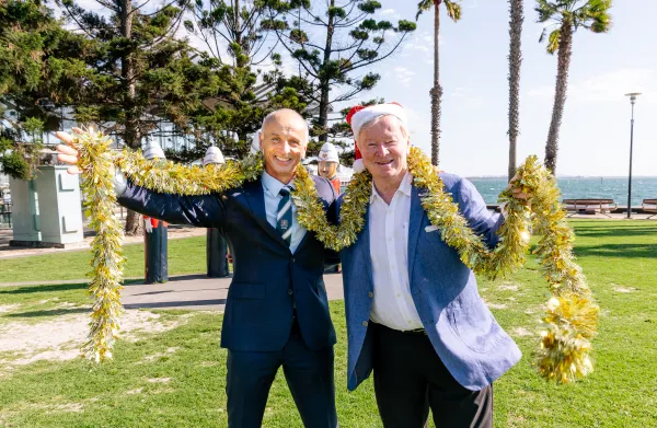 Mayor Stretch Kontelj OAM and Denis Walter OAM at the Geelong Waterfront 2026. Mayor Stretch Kontelj OAM and Denis Walter OAM