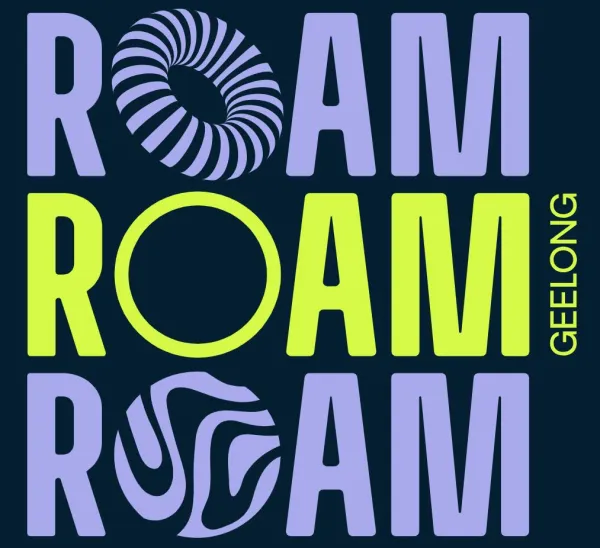 Roam Geelong Three ROAM tiered logo in purple and green