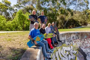 Original members of the Corio Skateboard Club Nigel Benn, Mike Hughes, Alistair Miller, Ross Manson and Glen Foley with Deputy Mayor Eddy Kontelj at the Corio Bowls. Members of the original Corio Skateboard Club with Deputy Mayor Eddy Kontelj at the Corio Bowls