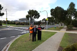 Federal member for Corangamite Libby Coker with Charlemont Ward Councillor Emma Sinclair and Project Delivery Officer Stephen Jacimovic at Warralily Boulevard. Federal member for Corangamite Libby Coker is standing with Charlemont Ward Councillor Emma Sinclair and Project Delivery Officer Stephen Jacimovic at Warralily Boulevard.