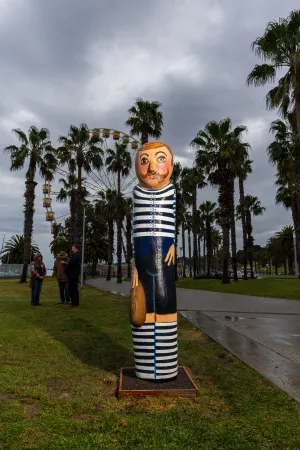 The new fibrelass composite prototype of Jan Mitchell's original Early Geelong Footballer bollard is on display at the waterfront The new fibrelass composite prototype of Jan Mitchell's original Early Geelong Footballer bollard is on display at the waterfront